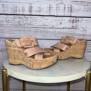 BORN Cream & Tan Cork Criss Cross Front w/ Buckle Wedges Size 8